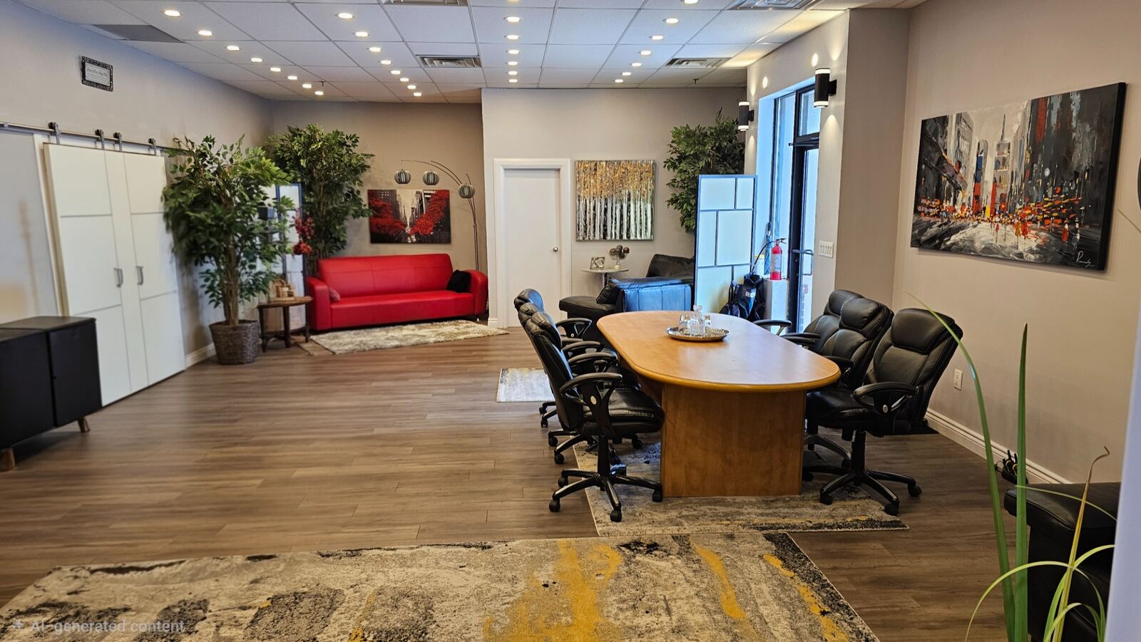 Wide view of the main office lounge and meeting area